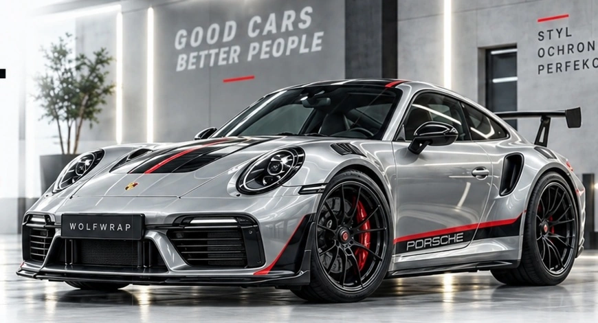 Srebrne Porsche 911 z czarnymi felgami i czerwonymi akcentami w jasnym studiu